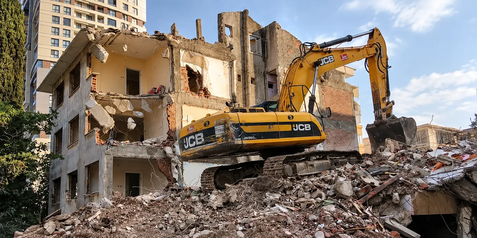 Çok katlı bir binanın ekskavatörle yıkımı