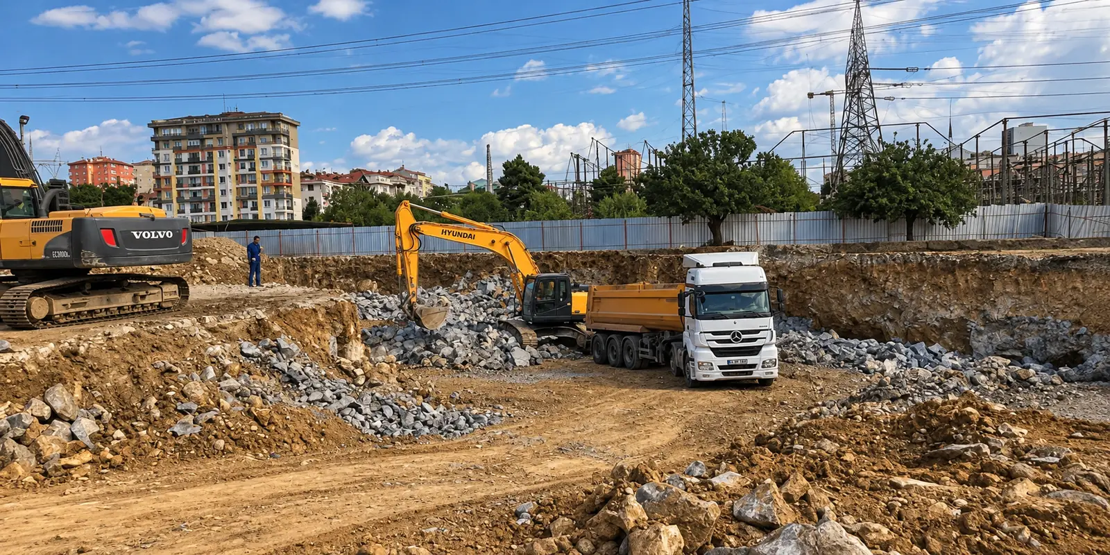 Kaya ve molozu tıra yükleyen ekskavatör