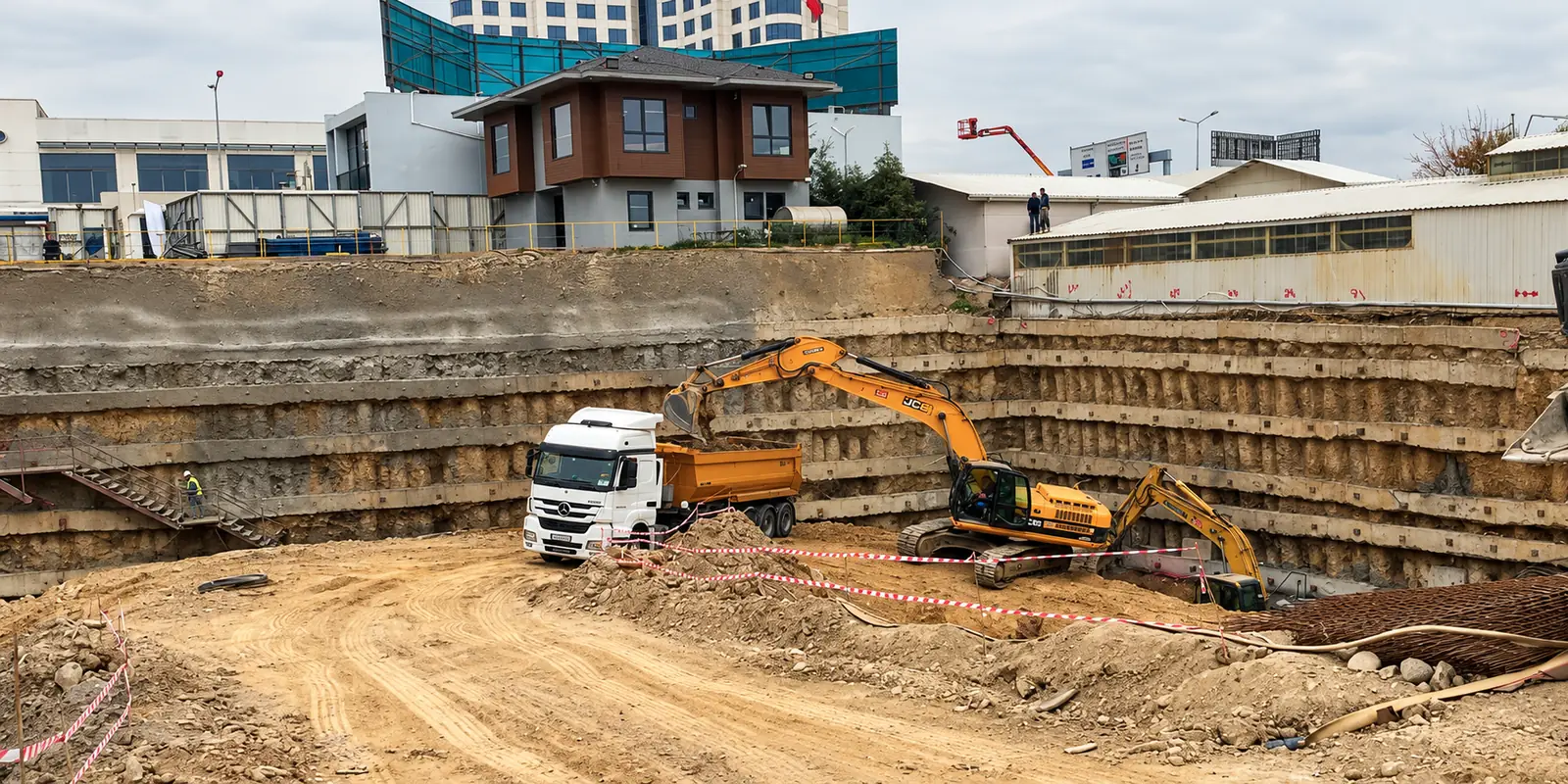 Kademeli iksa duvarlı kazı alanında tıra yükleme yapan ekskavatör