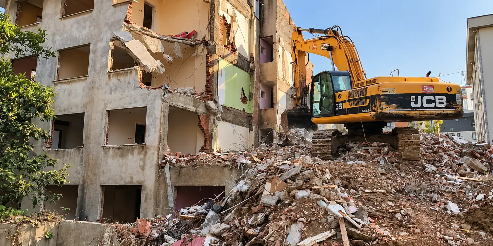 Binayı yıkan JCB ekskavatör