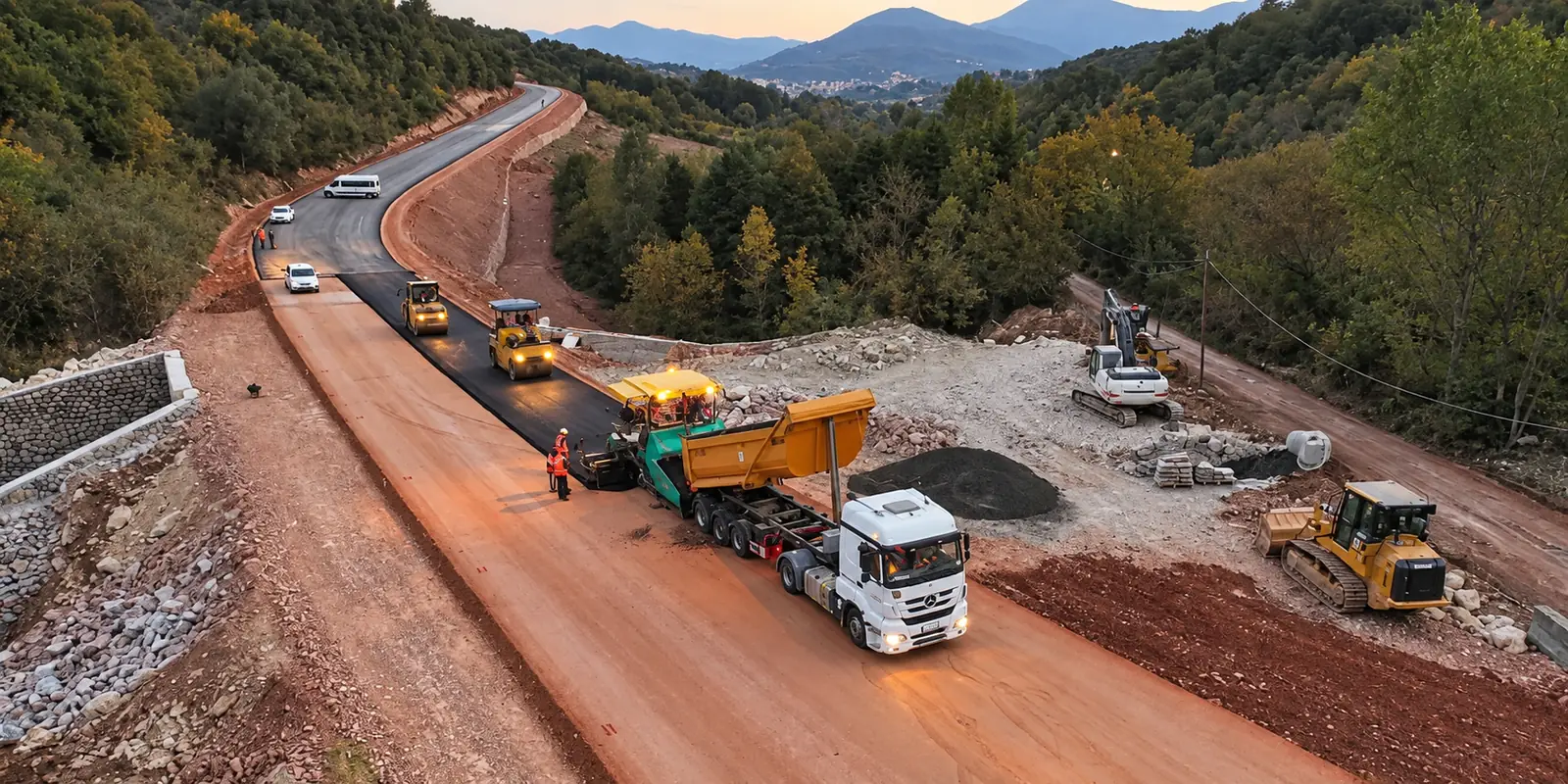 Asfalt serilen yol şantiyesi